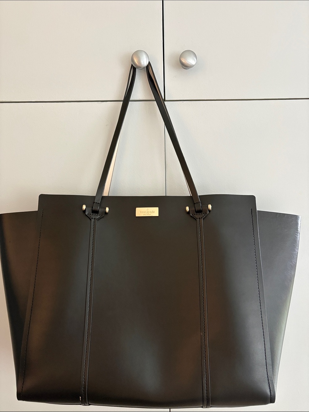 kate spade Black Leather Large Tote with Gold Plaque